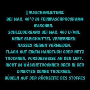 May include: Washing instructions for a garment. Wash in a delicate cycle at a maximum of 40 degrees Celsius. Do not use bleach. Do not rub the garment while wet. Dry flat on a towel or mesh. Do not tumble dry or dry in direct sunlight. Iron on the reverse side of the fabric.