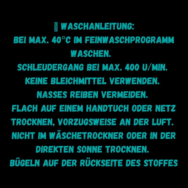 May include: Washing instructions for a garment. Wash in a delicate cycle at a maximum of 40 degrees Celsius. Do not use bleach. Do not rub the garment while wet. Dry flat on a towel or mesh. Do not tumble dry or dry in direct sunlight. Iron on the reverse side of the fabric.