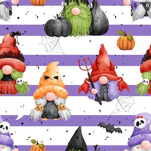 Könnte beinhalten: Ein nahtloses Muster mit verschiedenen Halloween-Gartenzwergen auf einem Hintergrund aus horizontalen weißen und violetten Streifen. Die Zwerge zeigen Charaktere als grünes Monster, roter Teufel mit Mistgabel sowie Kürbisse, Totenköpfe und Spinnennetze.