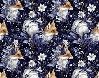 Baumwollstoff Füchse & Blumen auf Dunkelblau – floraler Fuchsstoff – Stoff Meterware