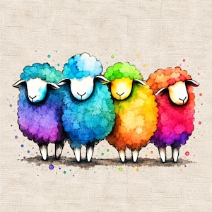 Könnte beinhalten: Eine digitale Illustration von vier Schafen, die in einer Reihe stehen und jeweils einen ausgeprägten Aquarell-Farbverlauf aufweisen. Die Schafe sind in Violett- und Blautönen, leuchtendem Blau, Gelb-Grün sowie Orange-Rosa gefärbt.