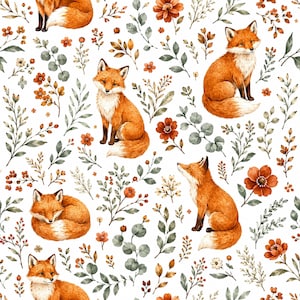 Könnte beinhalten: Ein sich wiederholendes Muster auf weißem Hintergrund mit orangefarbenen Füchsen in verschiedenen Posen, darunter sitzend, schlafend und stehend, durchsetzt mit orangefarbenen Blumen, grünen Blättern und kleinen braunen Beeren im Aquarellstil.