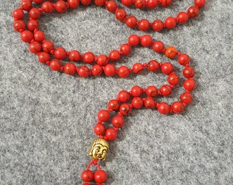 Mala, hand-knotted, gemstone, bead, prayer beads, meditation, spiritual, silk thread, red jasper, Buddha head, gold-plated silver bead