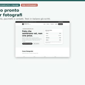 May include: A four-page website template for photographers featuring a clean, white layout with black text. The header displays Studio Luce, and the main section includes a hero area with the text Foto che sembrano voi, non una posa.