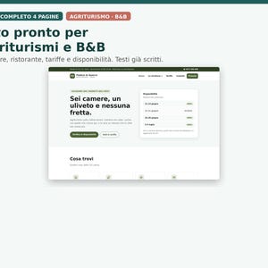Puede incluir: Una maqueta digital de un sitio web de cuatro páginas para un negocio de agroturismo y alojamiento y desayuno. La interfaz presenta texto verde oscuro sobre un fondo blanco, incluyendo los encabezados 'Sito completo 4 pagine' y 'Sito pronto per agriturismi e B&B'.