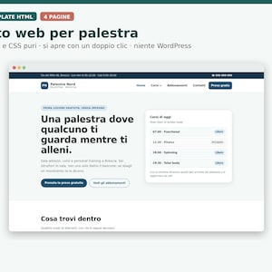 May include: A digital website template for a gym named Palestra Nord, featuring a clean layout with a navigation bar, a hero section with Italian text, and a schedule box displaying daily fitness classes like Functional, Pilates, and Spinning.