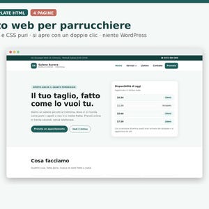 Puede incluir: Una plantilla de sitio web para peluquería con un diseño limpio y detalles en verde oscuro. El encabezado muestra el nombre del salón Salone Aurora, enlaces de navegación y datos de contacto. La sección principal incluye opciones de reserva.