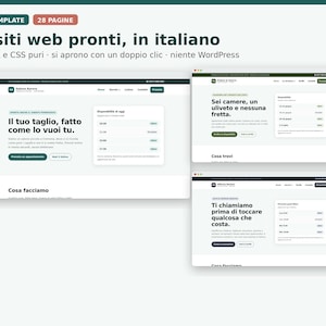 May include: A digital collection of 7 website templates featuring 28 pages in Italian. The layouts display clean, modern web designs with navigation menus, booking availability sections, and text headers like 'Il tuo taglio, fatto come lo vuoi tu.'