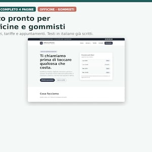 May include: A digital mockup of a four-page website for auto repair shops and tire centers. The interface features dark text on a light background, including the headline 'Ti chiamiamo prima di toccare qualcosa che costa' and appointment slots.