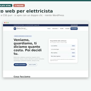Op de afbeelding: Een vierpagina HTML-websitetemplate voor een elektricien genaamd Elettro Ferrari. De interface heeft een donkerblauwe koptekst, een witte achtergrond en Italiaanse tekst met secties voor diensten, wekelijkse beschikbaarheid en een offerteknop.