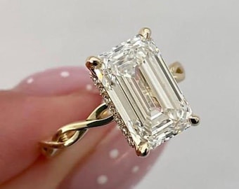 Emerald Cut Moissanite & Lab Grown Diamond Ring For Her