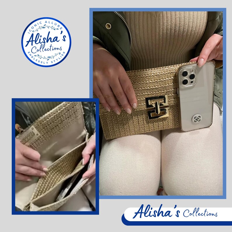Pode incluir: Uma bolsa de m&atilde;o de palha tecida com um fecho dourado e uma inscri&ccedil;&atilde;o dourada "E & J". A bolsa est&aacute; sendo segurada por uma pessoa e um smartphone branco &eacute; vis&iacute;vel no fundo.