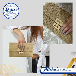 Pode incluir: Uma bolsa de m&atilde;o tecida dourada com um fecho de metal dourado. A bolsa tem um design tecido texturizado.