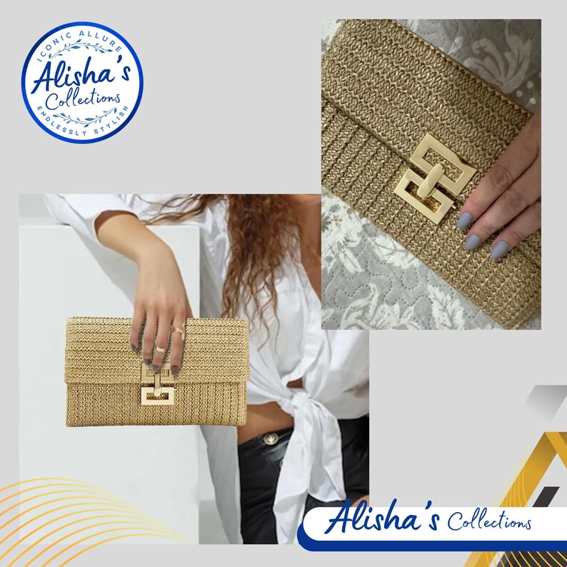 Pode incluir: Uma bolsa de m&atilde;o tecida dourada com um fecho de metal dourado. A bolsa tem um design tecido texturizado.