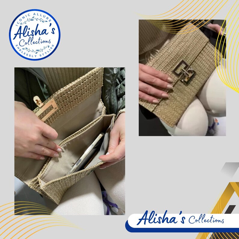 Pode incluir: Uma bolsa de palha com um fecho dourado. A bolsa est&aacute; aberta e um telefone &eacute; vis&iacute;vel no interior. A bolsa &eacute; feita de palha tecida e tem uma cor castanho claro.