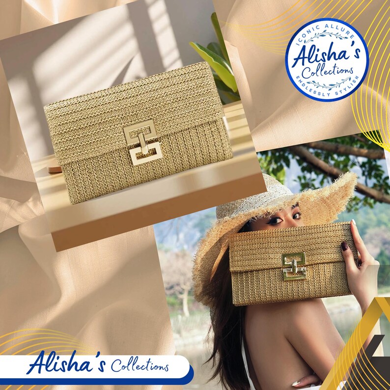 Pode incluir: Uma clutch tecida dourada com um fecho dourado. A clutch &eacute; feita de um material semelhante &agrave; palha e tem uma forma retangular. A clutch &eacute; mostrada em dois cen&aacute;rios diferentes, um com um fundo branco e o outro com uma mulher segurando a clutch na frente do rosto.