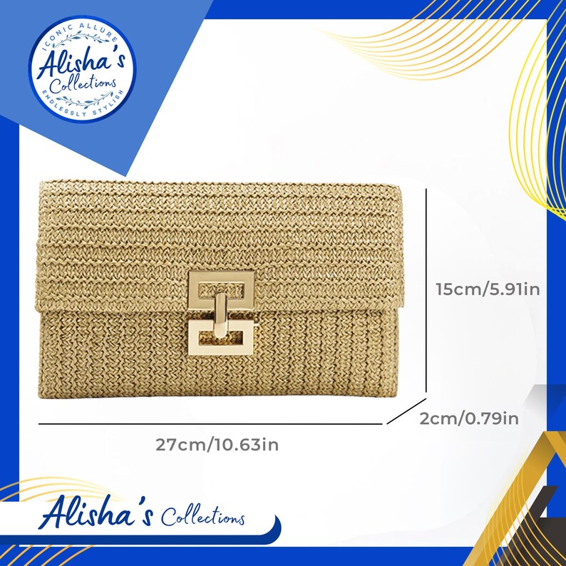 Pode incluir: Uma clutch tecida dourada com fecho de encaixe dourado. A clutch mede 27 cm de largura, 15 cm de altura e 2 cm de profundidade.