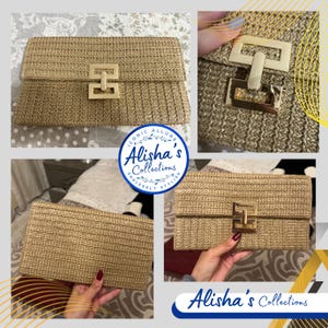 Pode incluir: Uma clutch tecida dourada com um fecho de metal dourado. A clutch tem uma textura tecida e uma forma retangular. A clutch &eacute; um acess&oacute;rio popular para ocasi&otilde;es especiais.