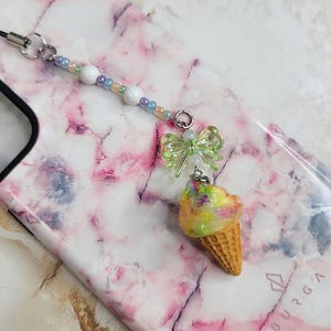 Ice Cream Phone Charm - Rainbow Swirl Ice Cream Phone Charm - Cute & Colorful Kawaii Beaded Accessory