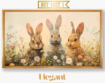 Whimsical Bunnies Meadow Art for Samsung Frame TV, Playful Spring Wildlife Display, Charming Home Decor, Digital Download Frame TV Art