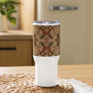 NW Nugz “Orange Buds” art on a Tall Travel mug with a handle. Insulated Metal cooler Cup