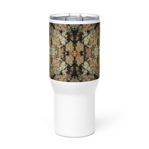 NW Nugz “Green Buds” art on a Tall Travel mug with a handle. Insulated Metal cooler Cup