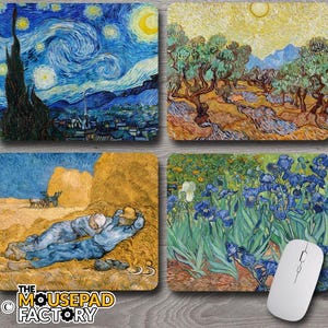 May include: Set of four rectangular mousepads featuring famous Vincent van Gogh paintings. The mousepads depict "The Starry Night", "Olive Trees", "Wheatfield with Reapers", and "Irises". A white wireless mouse rests on the "Irises" mousepad. The Mousepad Factory logo is at the bottom.