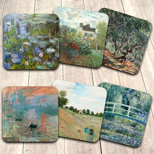 Monet Famous Paintings Coaster Set of Coasters Water Lilies Impression Sunrise Artist Garden Japanese Bridge Olive Trees Novelty Gift