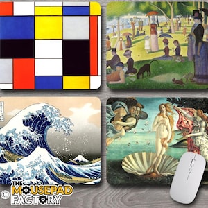 May include: Four rectangular mousepads with different designs. One features a Mondrian-style abstract art piece with red, blue, yellow, black, and white squares. Another depicts a park scene with people. A third shows a Japanese wave illustration. The fourth mousepad displays a painting of Venus.