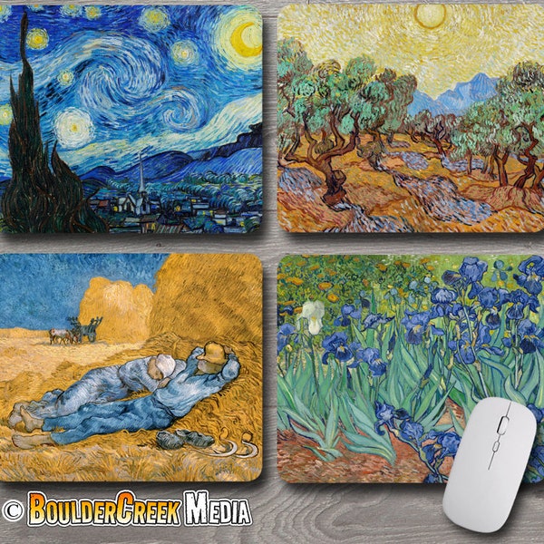 Tableaux célèbres de Van Gogh ~ Tapis de souris / Tapis de souris PC ~ Nuit étoilée Oliviers Iris Cadeau pour amateur d'art