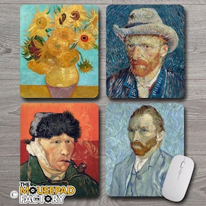May include: Set of four square mousepads featuring artwork by Vincent van Gogh. The designs include "Sunflowers," a portrait of the artist, and two self-portraits. A white computer mouse is visible on the right side of the image.