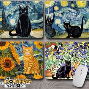 May include: Four rectangular mousepads with cat designs in the style of Van Gogh paintings. Each pad features a different cat: a black cat, an orange tabby, and two other black cats, set against famous backgrounds.