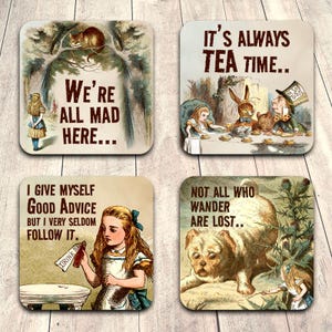 Alice in Wonderland TEA TIME Coaster Set of Coasters Vintage Print Mad Hatter Cheshire Cat Novelty Gift