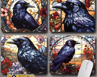 Raven Fantasy Art ~ Mouse Pad / PC Mousepad ~ Vivid Stained Glass Ravens Gothic Goth Black Crow Vintage Black Home Office Decor Novelty Gift