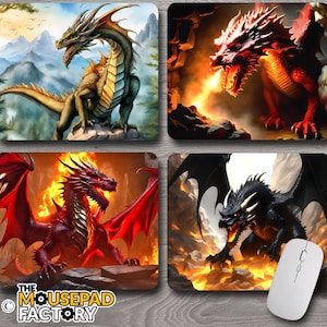 May include: Four rectangular mousepads featuring fantasy dragon illustrations. One shows a green and gold dragon against a mountain backdrop. Another depicts a red dragon breathing fire. The third shows a red dragon with spread wings. The fourth shows a black dragon with a white mouse.