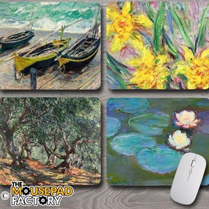 May include: A set of four square mouse mats with impressionist art. The images include boats on a beach, yellow daffodils, olive trees, and water lilies. A white computer mouse rests on the water lilies mouse mat. The Mousepad Factory logo is visible.