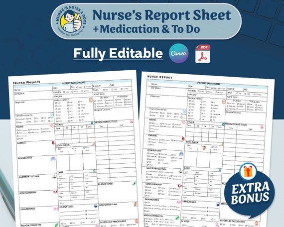 ICU Nurse Report Sheet: Editable Med-Surg Patient Report (Canva & PDF)