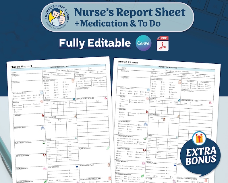 Editable ICU Nurse Report Sheet Med Surg, Nursing Report Sheet Nurse Brain New Grad, Report Sheet RN Patient Report W/ Meds, Canva & PDF