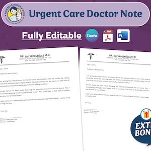 Nota editable del médico de atención de urgencia para el trabajo y la escuela, plantilla de nota de excusa del médico, carta de excusa del médico, nota del doctor Canva, MS Word, PDF