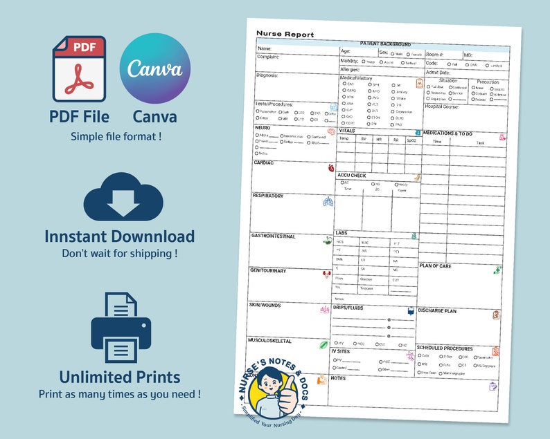 Editable ICU Nurse Report Sheet Med Surg, Nursing Report Sheet Nurse Brain New Grad, Report Sheet RN Patient Report W/ Meds, Canva & PDF