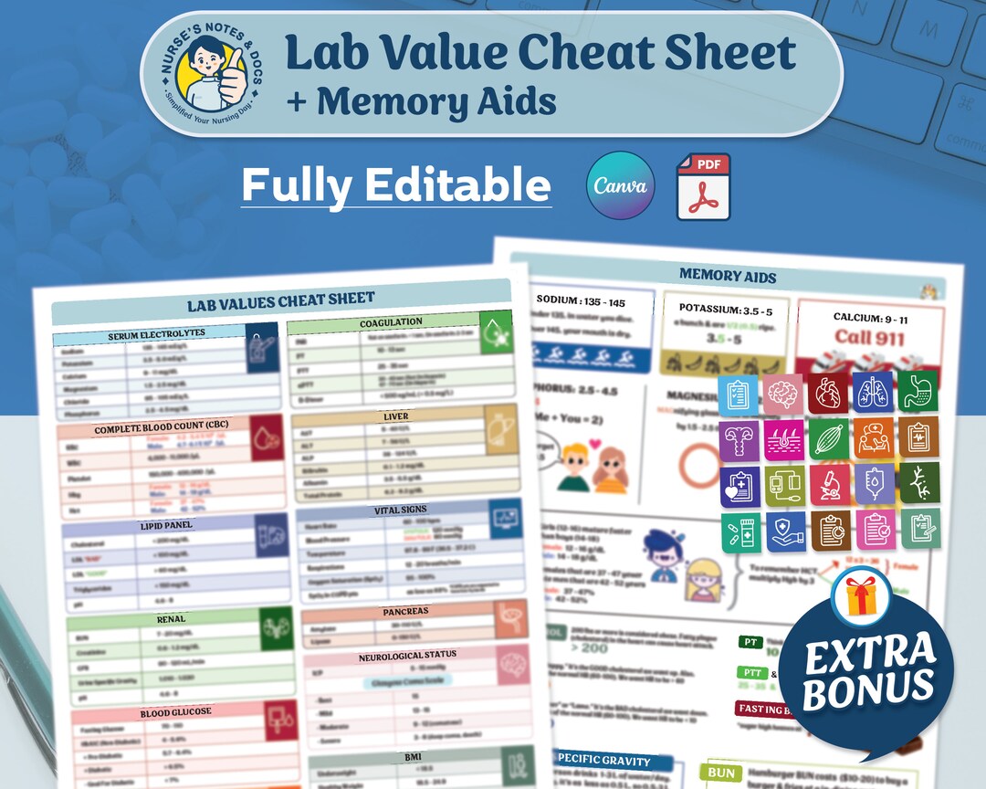 Lab Value Cheat Sheet 2024: Nursing Notes & Memory Aids (PDF Editable ...