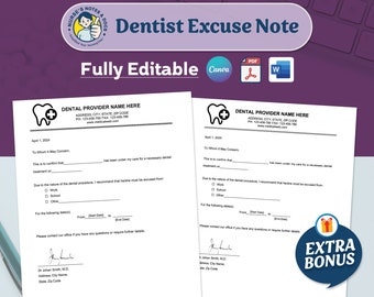 Plantilla editable de nota de excusa para dentista: Nota médica para el trabajo o la escuela (Canva, Word, PDF)