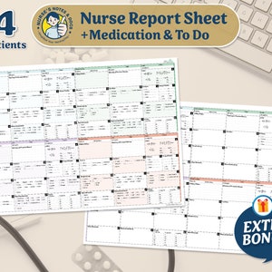 May include: A printable nurse report sheet with space for four patients. The sheet includes sections for medication and to-do lists. The sheet is designed to help nurses keep track of their patients' care.