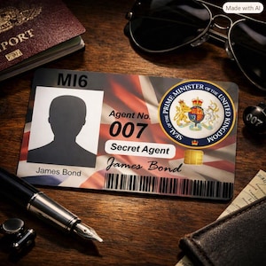 Peut inclure: Une carte d'identification rectangulaire portant les inscriptions MI6, Agent No. 007, Secret Agent et James Bond. La carte présente la silhouette d'une personne, une puce dorée, un code-barres et le sceau du Premier ministre du Royaume-Uni.