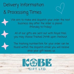 May include: A teal background with white text that reads "Delivery Information & Processing Times." The text explains order processing and shipping via Royal Mail. The Kobe Gift LTD logo is at the bottom.