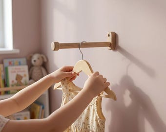 Ash Wood Wall Clothes Rail: Hanging Bar for Coats & Outfits in Kids Room