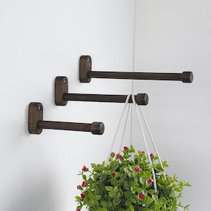 May include: Three dark brown wooden wall-mounted towel racks. Each rack has a rectangular base and a cylindrical rod extending horizontally. A hanging plant with green leaves and red flowers is suspended below the middle rack.