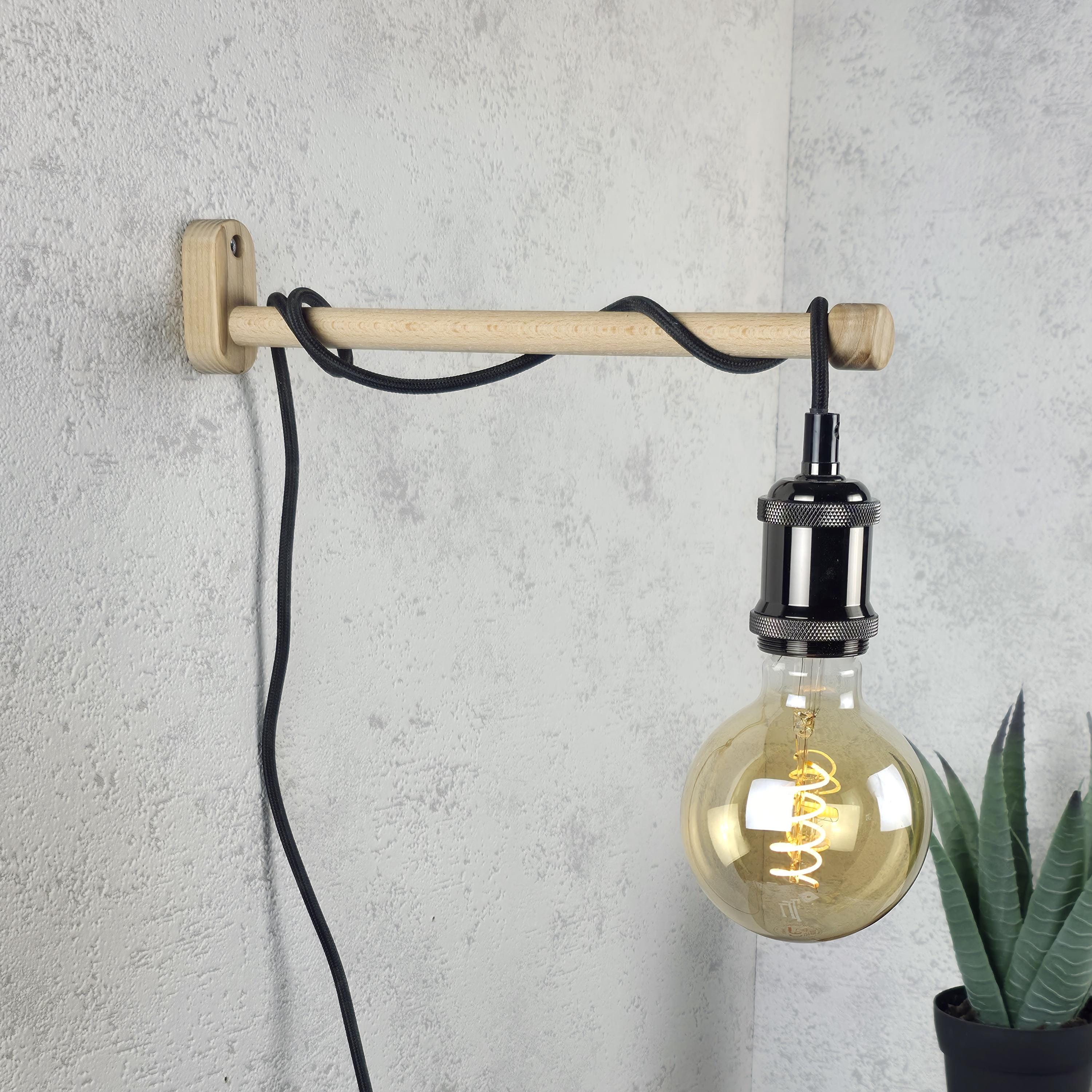 Lampe murale équerre en bois noir (fil rouge