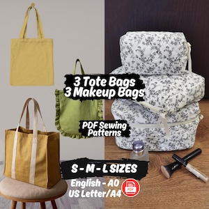 Bag Sewing Pattern Set of 18 Tote Bag and Makeup Bag Bundle PDF Pattern, DIY Boxy Pouch Pattern, Shopping Bag Sewing Pattern