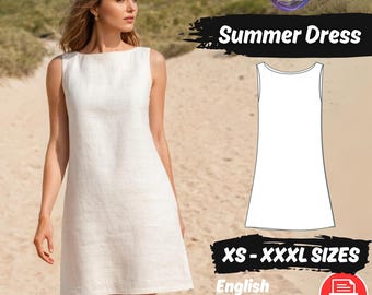 Summer Dress Pattern, Linen Dress Sewing Tutorial, Woman O Neckline Sleeveless Outfit